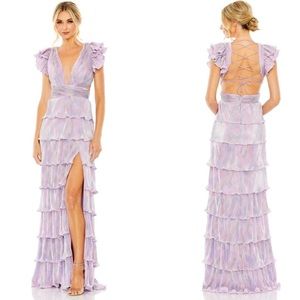 Mac Duggal RUFFLE TIERED CRISS CROSS LACE UP GOWN
